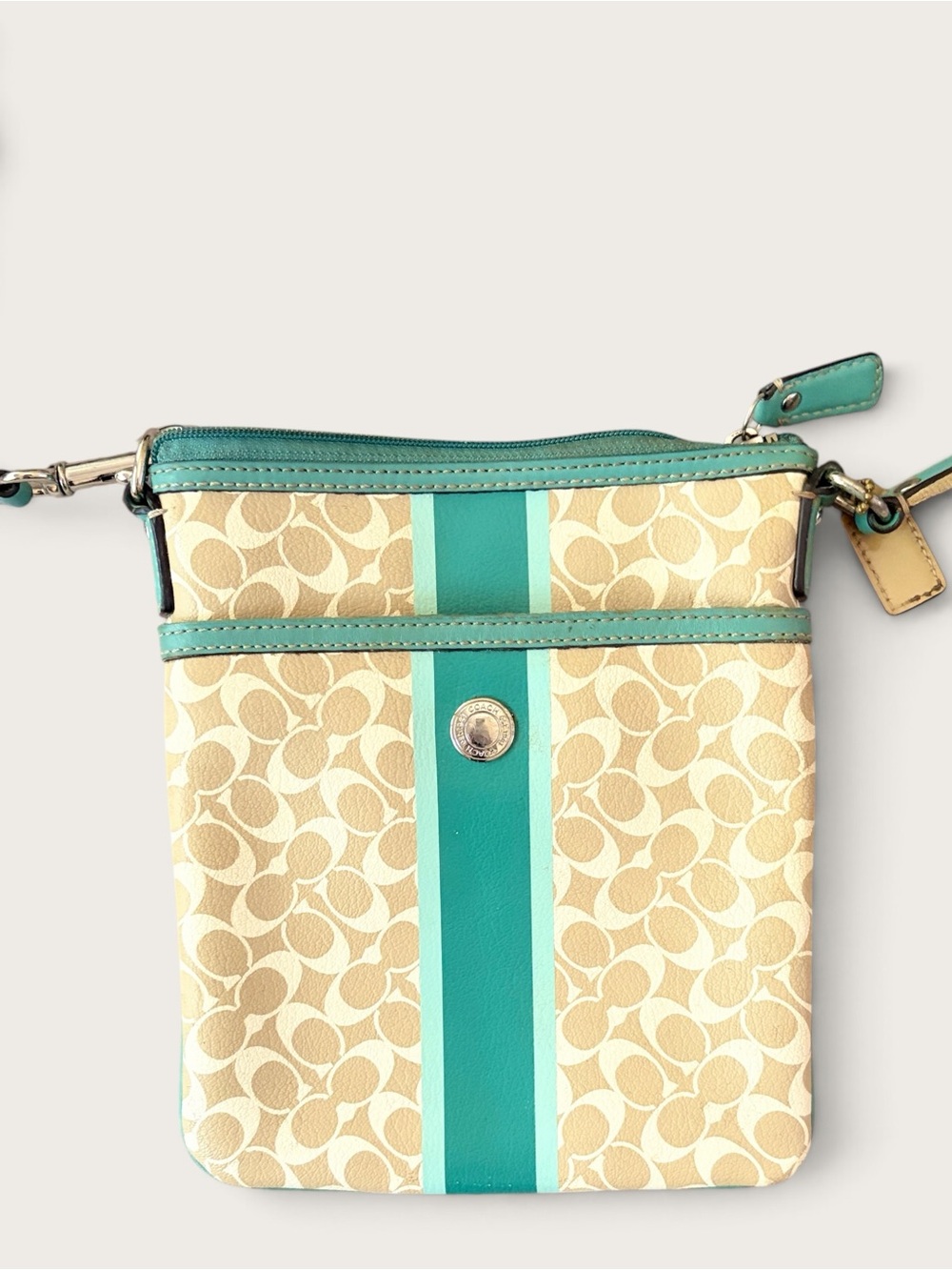 Coach Heritage Stripe Signature Crossbody Bag Tan Teal Y2K